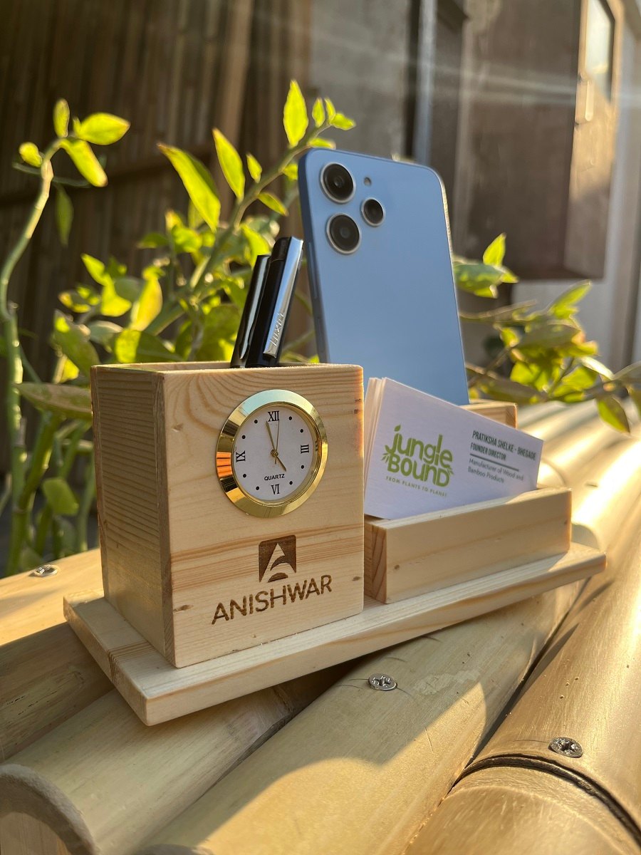 Wooden Pen Stand with Clock – Handmade Wooden Desk Organizer & Table Clock Combo for Office/Study, Stationery Holder with Premium Finish, Eco-Friendly Gift for Home & Workspace